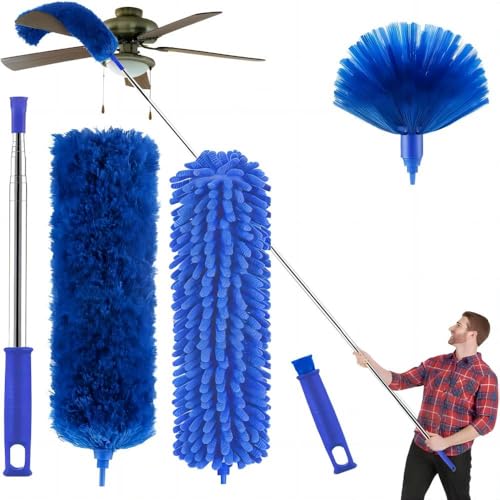 Buysenton Cobweb Duster with Extension Pole, Washable Cleaning Duster Kit with 3 Duster Heads, Cobweb Duster, Corner Brush, 15-100 Inch Long Aluminum Telescoping Pole for Ceiling Fan (Blue) - Image 1