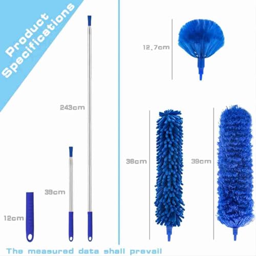 Buysenton Cobweb Duster with Extension Pole, Washable Cleaning Duster Kit with 3 Duster Heads, Cobweb Duster, Corner Brush, 15-100 Inch Long Aluminum Telescoping Pole for Ceiling Fan (Blue) - Image 2