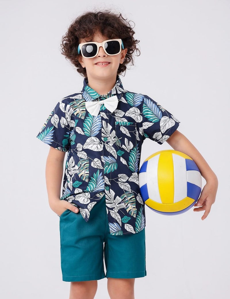 JunNeng Toddler Baby Boy Shorts Sets Hawaiian Outfits,Tropical Floral Short Sleeve Shirt +Elastic Shorts Vacation Clothes,Dark Blue 9-12 Months - Image 2