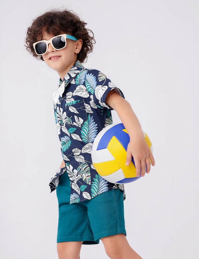 JunNeng Toddler Baby Boy Shorts Sets Hawaiian Outfits,Tropical Floral Short Sleeve Shirt +Elastic Shorts Vacation Clothes,Dark Blue 9-12 Months - Image 4