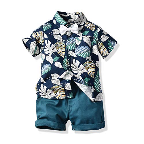 JunNeng Toddler Baby Boy Shorts Sets Hawaiian Outfits,Tropical Floral Short Sleeve Shirt +Elastic Shorts Vacation Clothes,Dark Blue 9-12 Months - Image 1