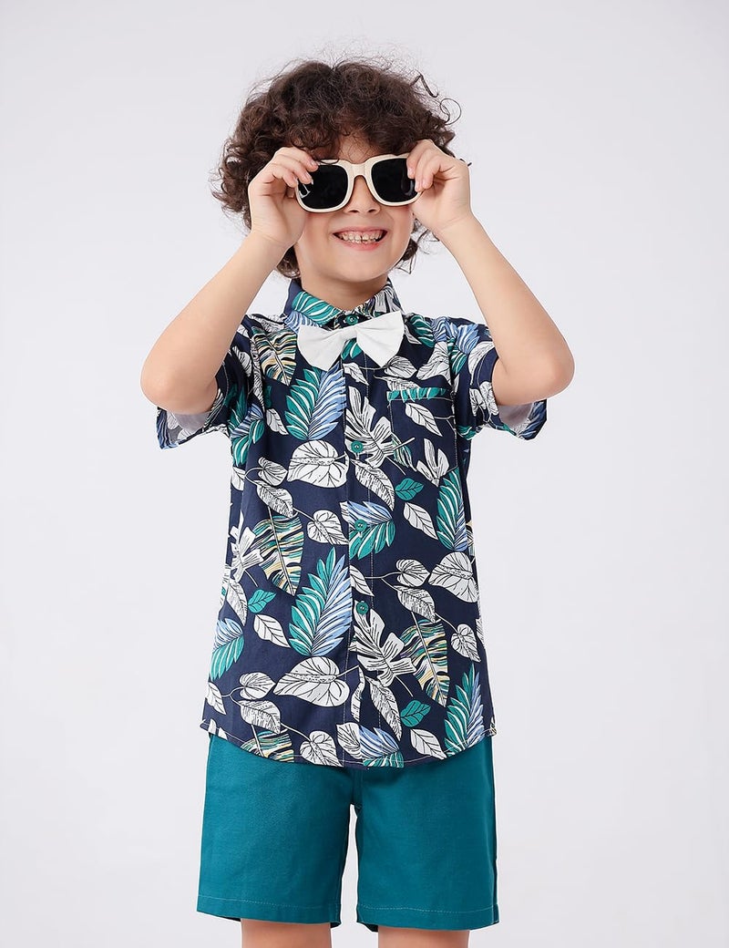 JunNeng Toddler Baby Boy Shorts Sets Hawaiian Outfits,Tropical Floral Short Sleeve Shirt +Elastic Shorts Vacation Clothes,Dark Blue 9-12 Months - Image 5