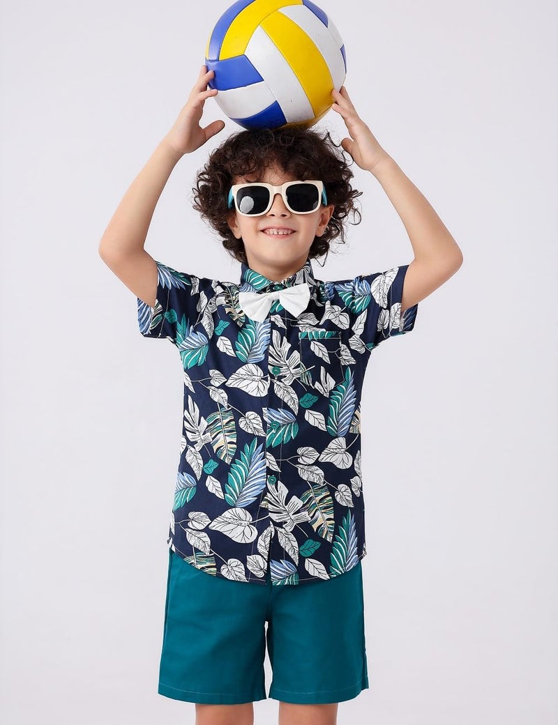 JunNeng Toddler Baby Boy Shorts Sets Hawaiian Outfits,Tropical Floral Short Sleeve Shirt +Elastic Shorts Vacation Clothes,Dark Blue 9-12 Months - Image 3