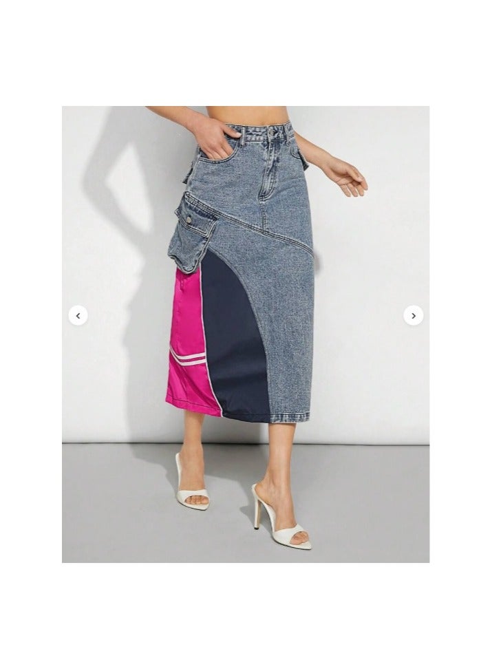 Shein denim midi skirt with pink and navy color blocking and stripe details. - Image 1
