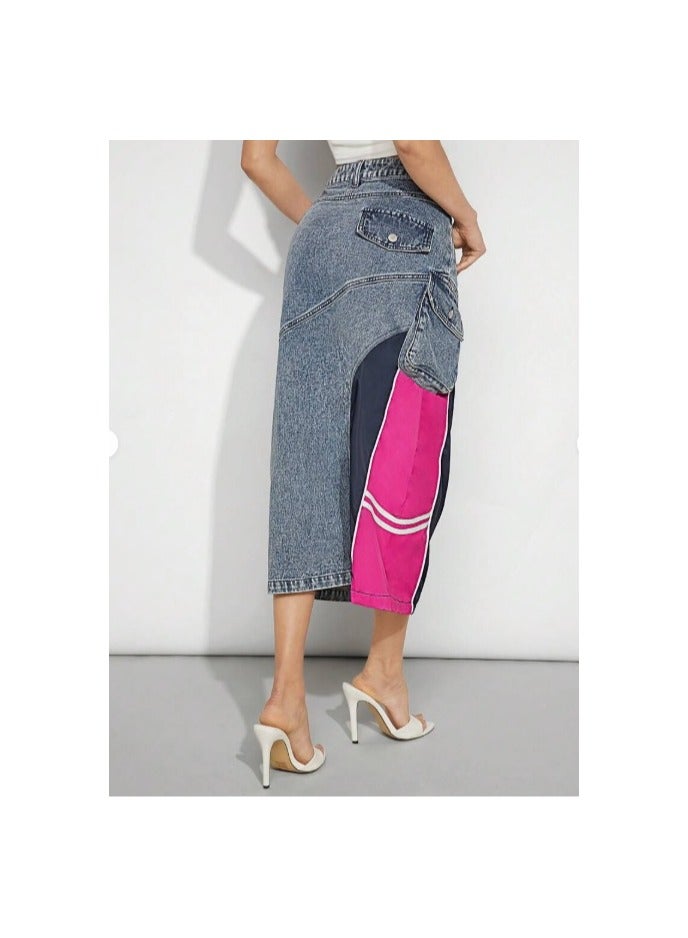 Shein denim midi skirt with pink and navy color blocking and stripe details. - Image 2