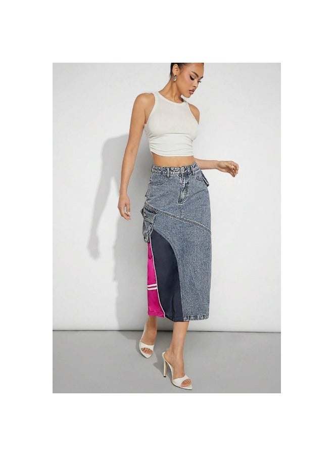 Shein denim midi skirt with pink and navy color blocking and stripe details. - Image 3