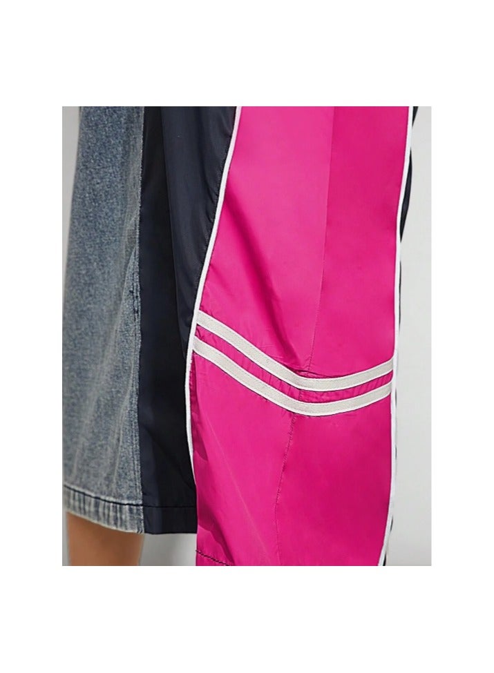 Shein denim midi skirt with pink and navy color blocking and stripe details. - Image 4