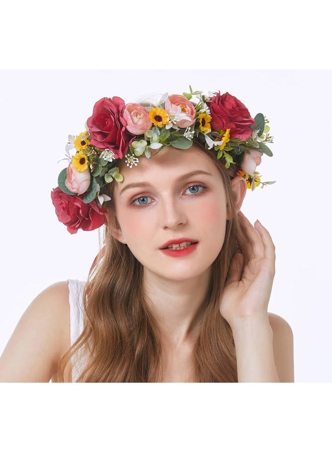 LLinfflr Women Floral Crown Rose Floral Headband Hair Wreath Flower Headpiece Halo Boho Party Prom Wedding Photos Red - Image 2