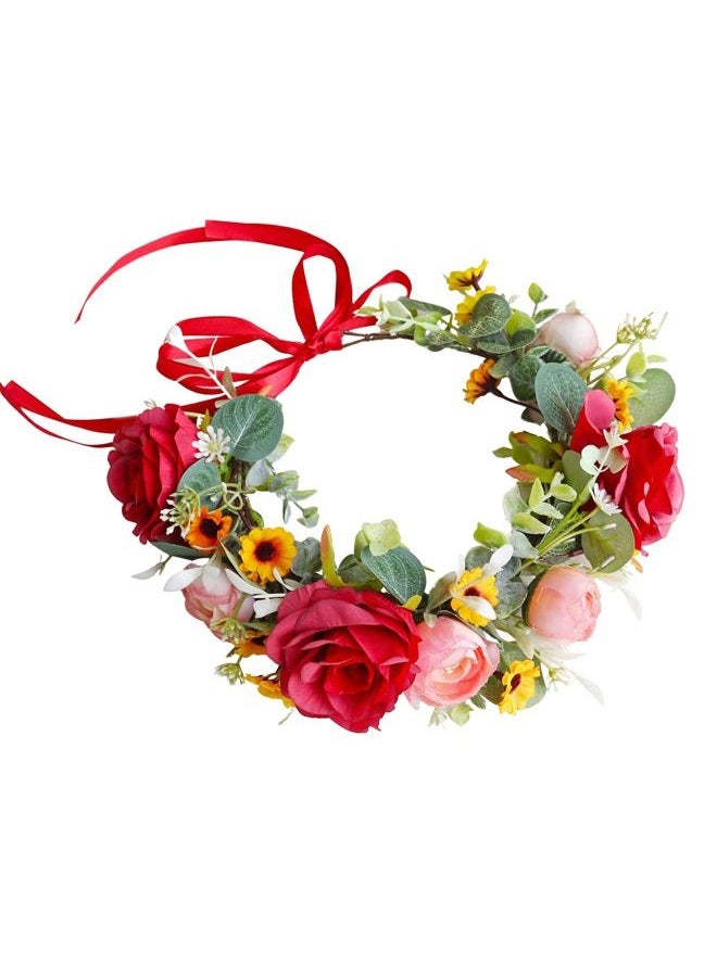 LLinfflr Women Floral Crown Rose Floral Headband Hair Wreath Flower Headpiece Halo Boho Party Prom Wedding Photos Red - Image 1