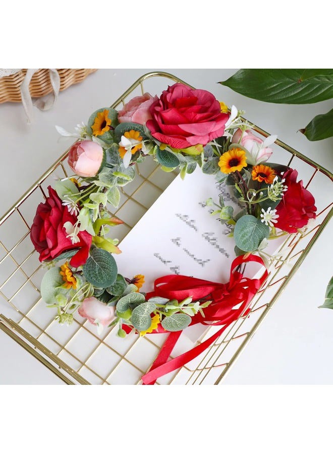 LLinfflr Women Floral Crown Rose Floral Headband Hair Wreath Flower Headpiece Halo Boho Party Prom Wedding Photos Red - Image 3