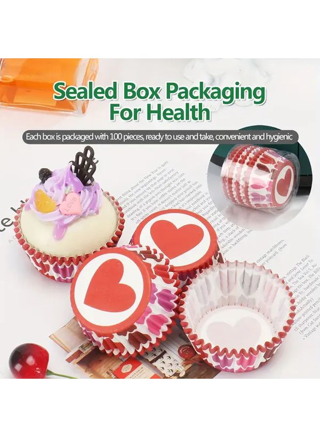A Set Of 100 Polychrome Large Heart Shaped Patterned Valentine Themed Dessert Paper Cups For Birthday Parties With Cake Paper Trays And Oil Proof Paper - Image 1
