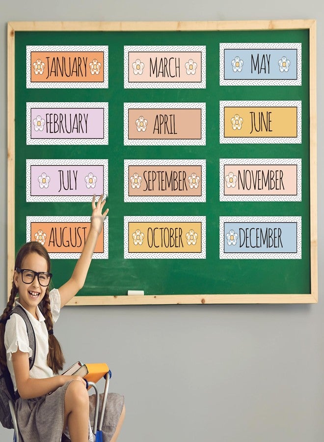 Whaline 12Pcs Months of The Year Bulletin Board Set Back to School Pastel Daisy Monthly Headliners Calendar Month Headers for Classroom Decoration - Image 5