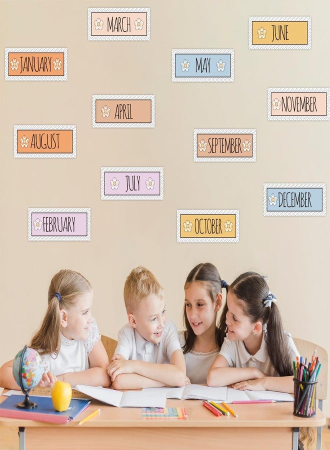 Whaline 12Pcs Months of The Year Bulletin Board Set Back to School Pastel Daisy Monthly Headliners Calendar Month Headers for Classroom Decoration - Image 4