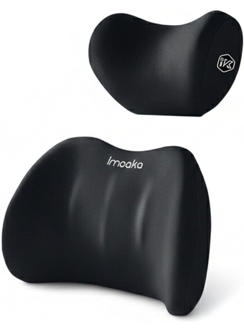 Imoaka Car Headrest and Lumbar Support Pillow Set, Premium Yungan Memory Cotton, Universal Fit with Adjustable Straps, Black, Model IK:24000 - Image 1