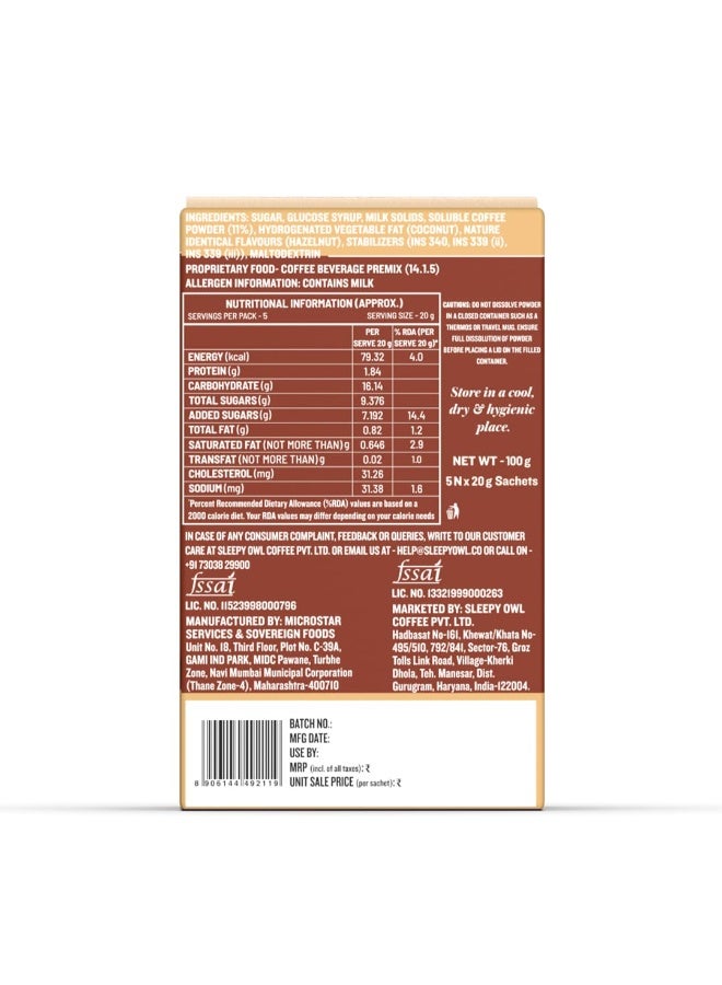 Sleepy Owl Hazelnut Latte Instant Coffee Premix Sachets | 3 in 1 Coffee Sachet | Frothy & Creamy Cafe-Style Coffee at Home | All-in-One Premix Coffee Sachet – Just Add Hot Water | 100g (5 x 20g) - Image 2