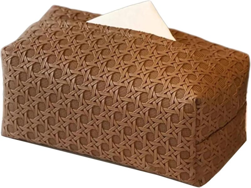 غطاء صندوق المناديل من جلد البولي يوريثان بنسيج الروطان البني، سعة كبيرة للمنزل والمكتب والسيارة - Image 1