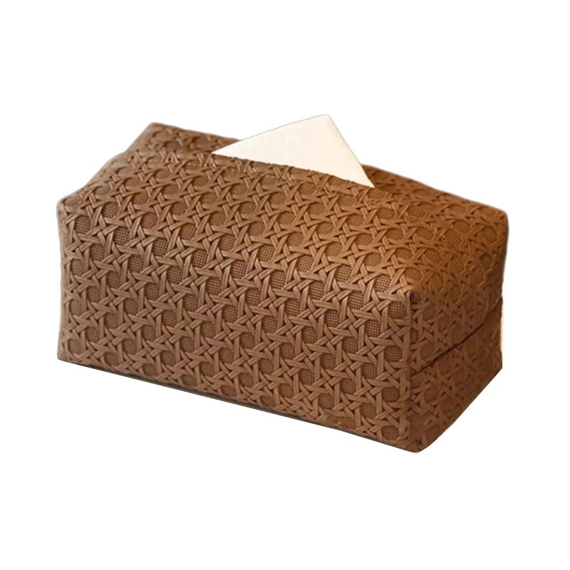 غطاء صندوق المناديل من جلد البولي يوريثان بنسيج الروطان البني، سعة كبيرة للمنزل والمكتب والسيارة - Image 2