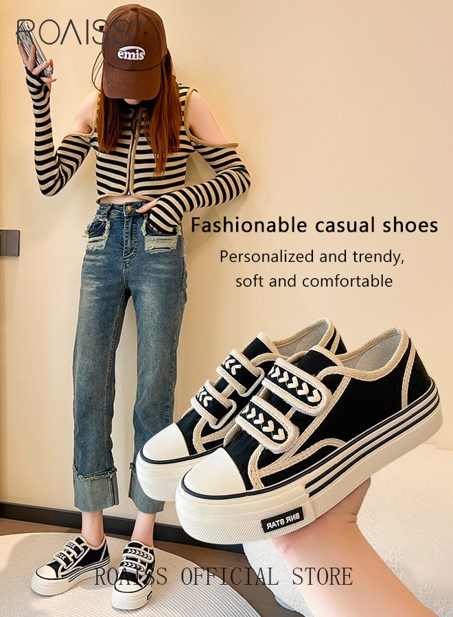 roaiss Platform Sole Canvas Shoes Lightweight and Breathable Velcro Closure Casual Cloth Shoes Solid Color Athlesiure Shoes  - Image 1