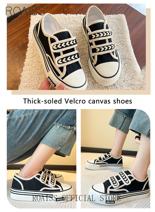 roaiss Platform Sole Canvas Shoes Lightweight and Breathable Velcro Closure Casual Cloth Shoes Solid Color Athlesiure Shoes  - Image 4