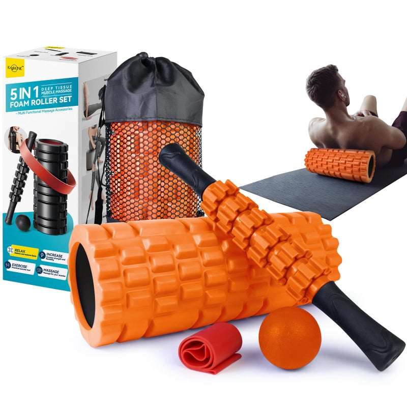 Krightlink 5 in 1 Foam Roller Set for Deep Tissue Muscle Massage Trigger Point Fitness Exercise Foam Roller Massage Roller Massage Ball Stretching Strap for Whole Body Orange Black