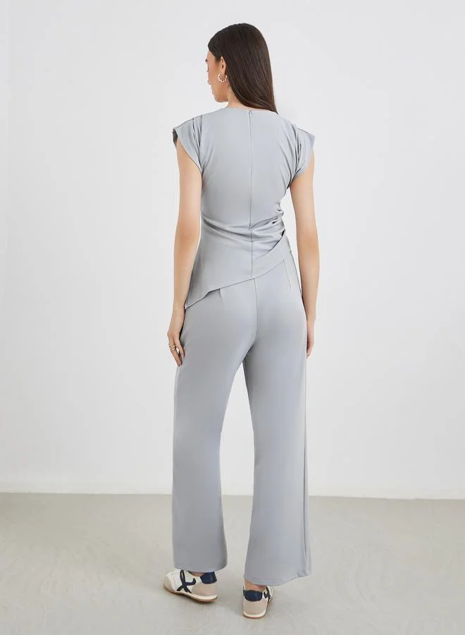 Take Two Take Two Grey Asymmetric Hem Top and Wide Leg Pants Co-Ords
