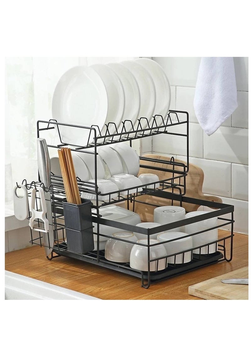 Generic 3 Tier Dish Drying Rack and Dish Storage Rack with Cup and Spoon Drying Board, Kitchen Utensil Organizer, Carbon Steel Plastic, Black  - Image 3