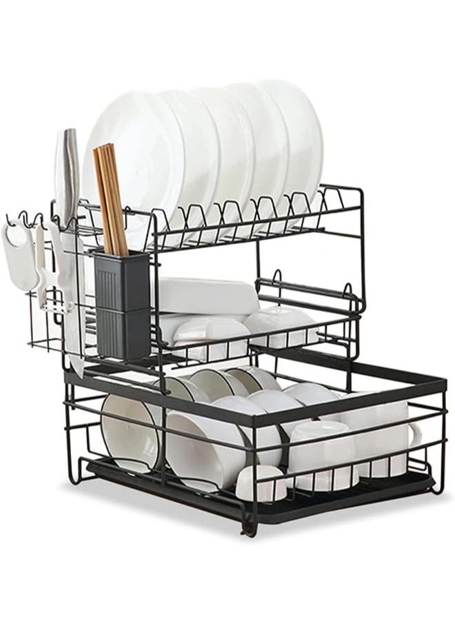 Generic 3 Tier Dish Drying Rack and Dish Storage Rack with Cup and Spoon Drying Board, Kitchen Utensil Organizer, Carbon Steel Plastic, Black  - Image 2