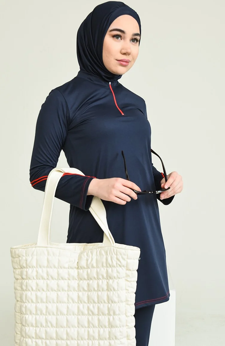 Sefa Merve Zippered Hijab Swimsuit 2212-01 Navy Blue