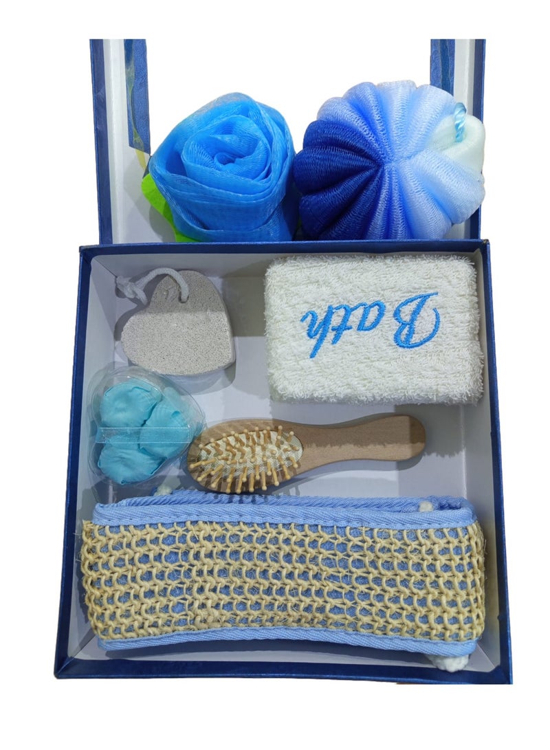 7 Piece Bath Set - Includes Towel, Rose Loofah, Comb, and Foot Scrubber - For Women and Men, Deep Cleansing and Invigorating Your Skin - Blue - Image 1
