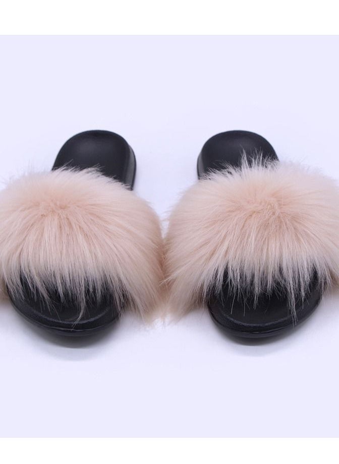 Loquat Women Stylish Casual Faux Fur Open Toe Flat Slippers Sandals Non Slip Homewear Shoes 
