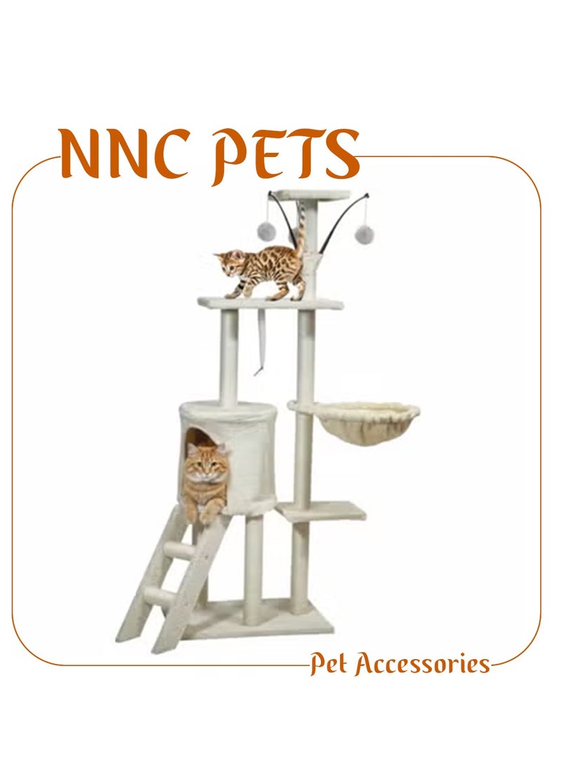 NNC PETS Cat tree tower for Indoor cats & Kittens, Multi-level cat tree activity center with hanging toys, Sisal scratching post, Cozy Hammock, Cat condo and climbing ladder, Easy assembly, 136 cm (Beige) - Image 1