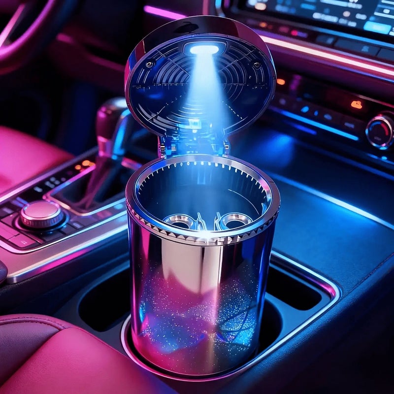 1-Pack Automatic Car Ashtray with LED Light, Removable Cleaning Brush, Portable Design, Easy Installation - Image 1