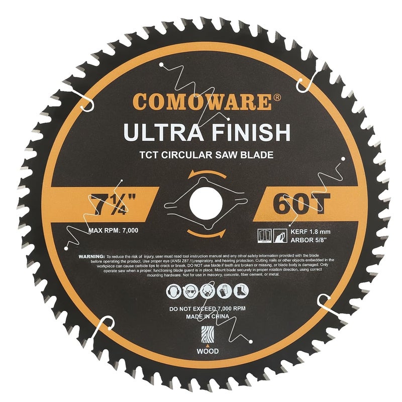 COMOWARE 7 1/4“ Circular Saw Blade, 60T ATB Circular Saw Blade, 5/8" Arbor, TCT Carbide-Tipped, Anti-Vibration, Teflon Anti-Stick, Miter Saws Blades for Wood, Laminate, Plywood & Hardwoods - Image 1