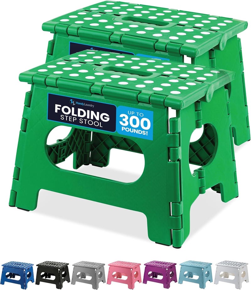 Handy Laundry Folding Lightweight Step Stool - Sturdy Enough to Support Adults - Opens Easy with One Flip - Great for Kitchen, Bathroom or Bedroom (Green | 2-Pack) - Image 1
