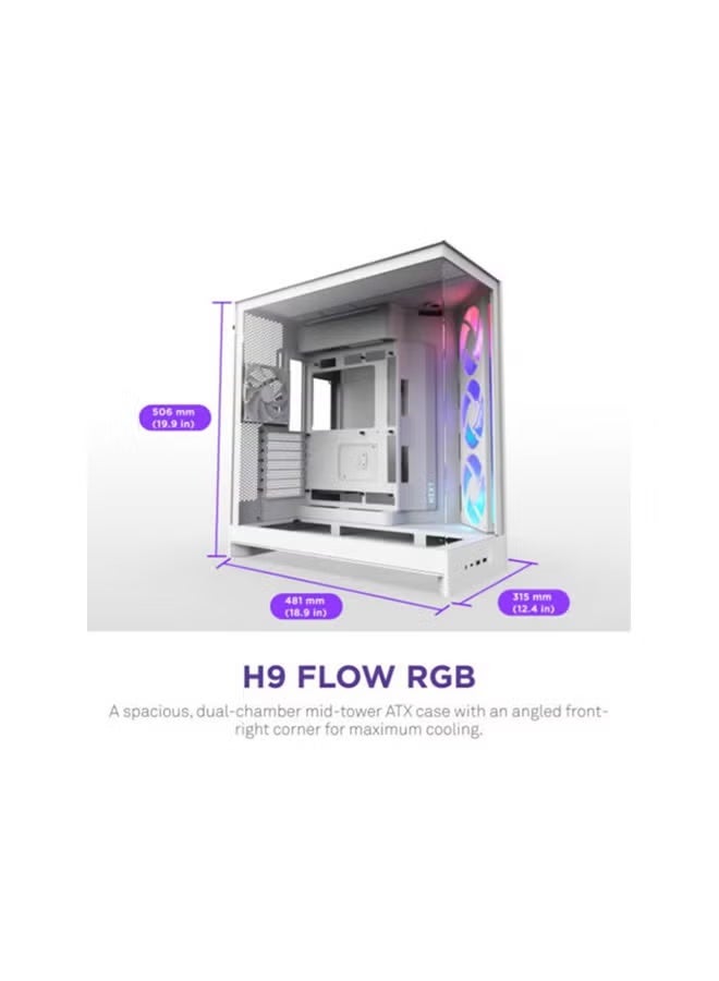 NZXT H9 Flow White ATX Mid-Tower Case, Dual-Chamber, Tempered Glass, High-Airflow, Supports Mini-ITX to E-ATX, Up to 10 Fans & 420mm Radiators, Includes 4x Quiet 120mm Fans, 435mm GPU Clearance, USB 3.2 Gen 2x2 Type-C, 4x SSD & 2x HDD Bays | CM-H92FW-R1 - Image 5