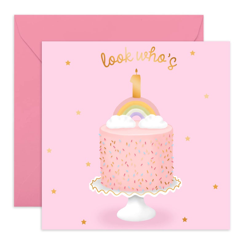 CENTRAL 23- Cute Girl Birthday Card - 1st Birthday Card - 'Look Who's One' - Sweet Birthday Cards for Her - Ideal Birthday Card for Kids - Fun Birthday Card for Daughter - Comes with Cute Stickers - Image 1