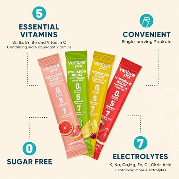 Venture Pal Sugar Free Electrolyte Powder Packets - Liquid Daily IV Hydration Packets for Rapid Rehydration | 7 Electrolytes & 5 Vitamins | Keto Friendly | Non-GMO | Vegan | Fast Dissolve | 16 Sticks - Image 4