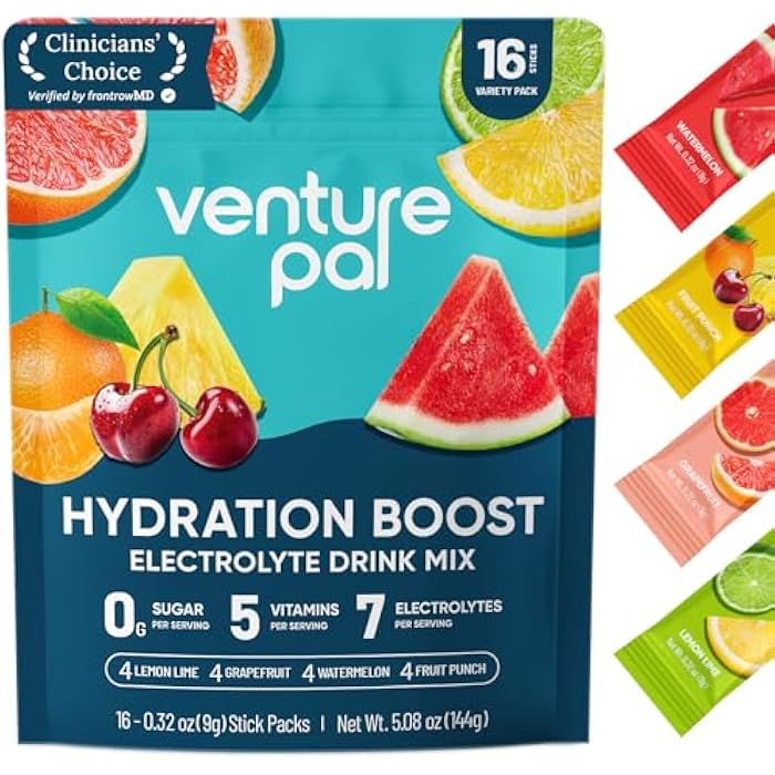 Venture Pal Sugar Free Electrolyte Powder Packets - Liquid Daily IV Hydration Packets for Rapid Rehydration | 7 Electrolytes & 5 Vitamins | Keto Friendly | Non-GMO | Vegan | Fast Dissolve | 16 Sticks - Image 1