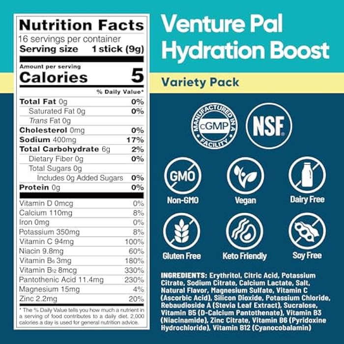 Venture Pal Sugar Free Electrolyte Powder Packets - Liquid Daily IV Hydration Packets for Rapid Rehydration | 7 Electrolytes & 5 Vitamins | Keto Friendly | Non-GMO | Vegan | Fast Dissolve | 16 Sticks - Image 2