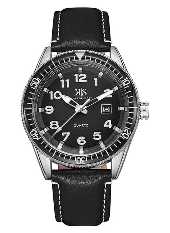 KENNETH SCOTT Kenneth Scott K23028-SLBB Men's Analog Display Watch & Leather Strap Black