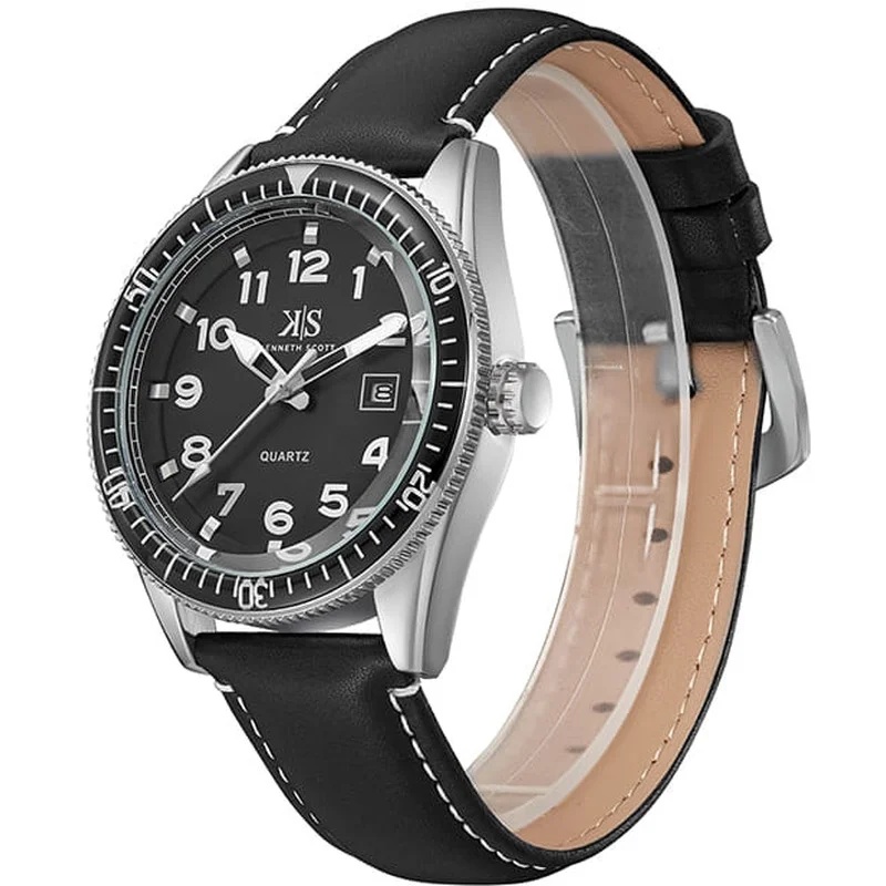 KENNETH SCOTT Men's Leather Analog Watch K23028-SLBB - 44x50 mm