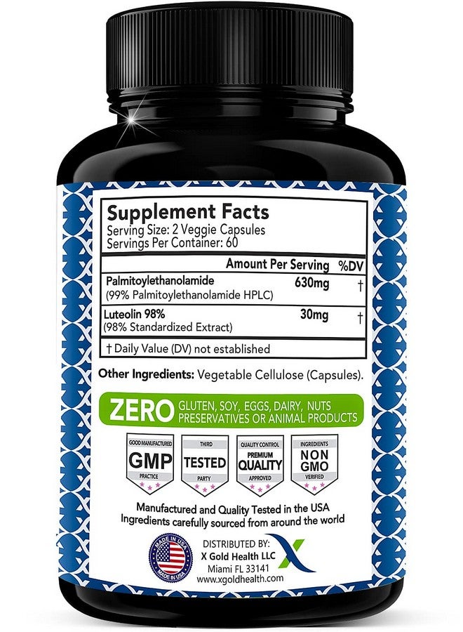 X Gold Health Palmitoylethanolamide 630 Mg + Luteolin Standardized 98% Micronized Pea 99% Highly Purified And Bioavailable Made In Usa Supplement For Men And Women 120 Veggie Capsules - Image 2