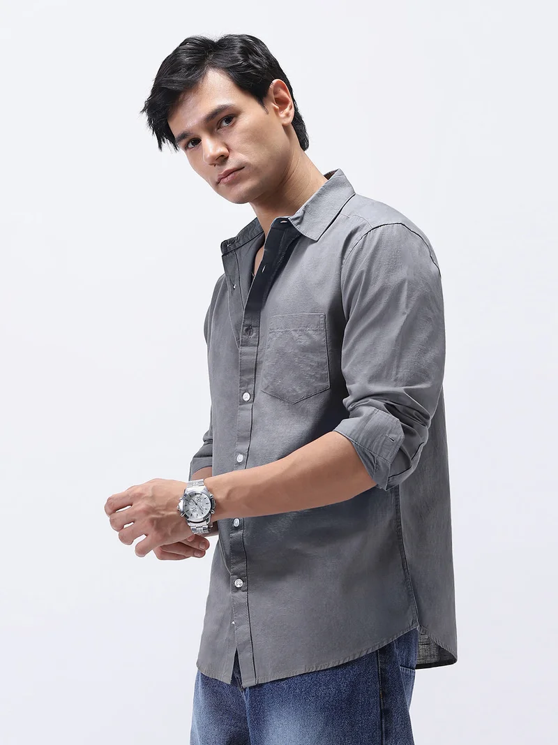 Urbano Fashion Men's Grey Cotton Full Sleeve Regular Fit Casual Solid Slub Shirt with Spread Collar
