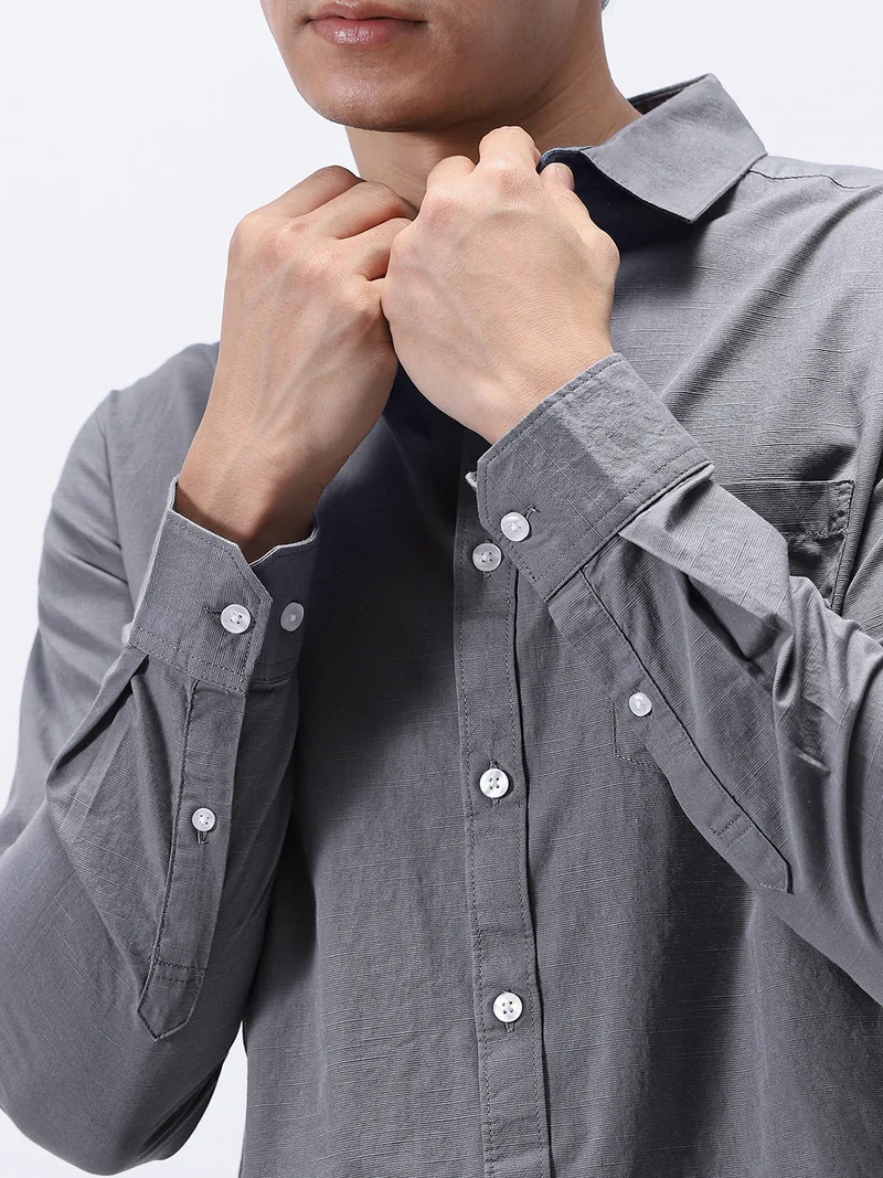Urbano Fashion  Urbano Fashion Men's Grey Cotton Full Sleeve Regular Fit Casual Solid Slub Shirt with Spread Collar  | Best Price UAE