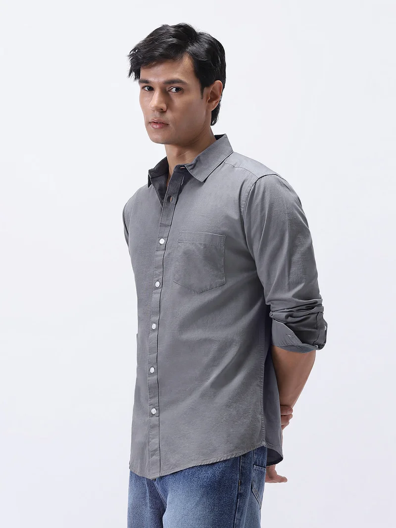 Urbano Fashion  Urbano Fashion Men's Grey Cotton Full Sleeve Regular Fit Casual Solid Slub Shirt with Spread Collar  | Best Price UAE