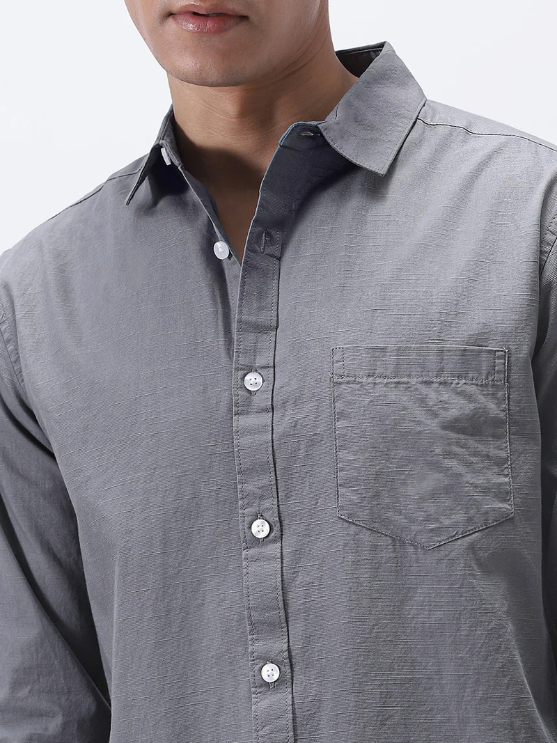 Urbano Fashion  Urbano Fashion Men's Grey Cotton Full Sleeve Regular Fit Casual Solid Slub Shirt with Spread Collar  | Best Price UAE