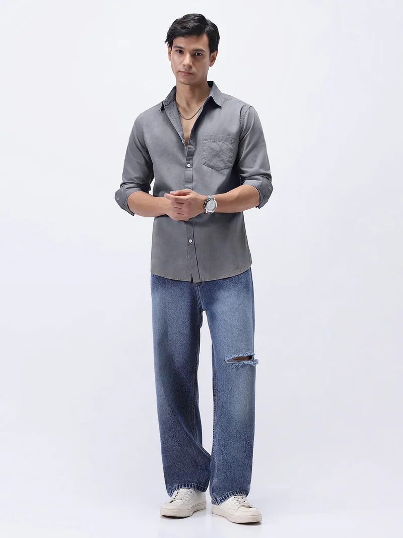 Urbano Fashion  Urbano Fashion Men's Grey Cotton Full Sleeve Regular Fit Casual Solid Slub Shirt with Spread Collar  | Best Price UAE