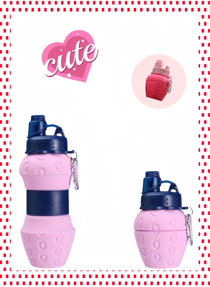 Generic - Stylish Strawberry Shape Collapsible Water Bottle; Sports Water Bottle; BPA Free; Food Grade Silicone; Versatile 600ml and 260ml 2 in 1; Foldable Water Bottle; Portable Water Bottle for Gym, Camping, hiking, Outdoors Activity.; 160g Light Weight; Easily Cap Lock; Dark Pink - Image 1