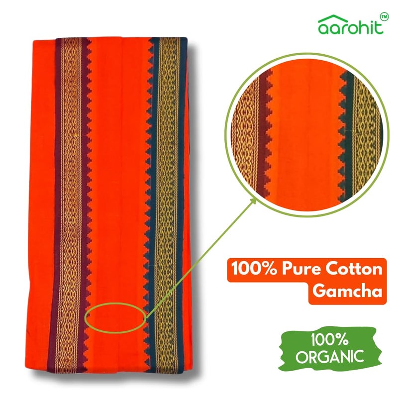 AAROHIT™ Pure Soft Cotton Men's Ethnic and Traditional Gamchha/Angochha | Lightweight and Unique Design, Quick Absorption Gamcha (72 x28 in) (Orange Gamcha) - Image 2
