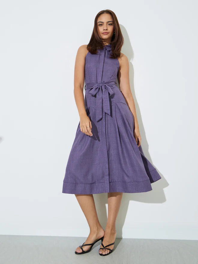 Styli Styli Purple Sleeveless Shirt Midi Dress with Tie-Belt